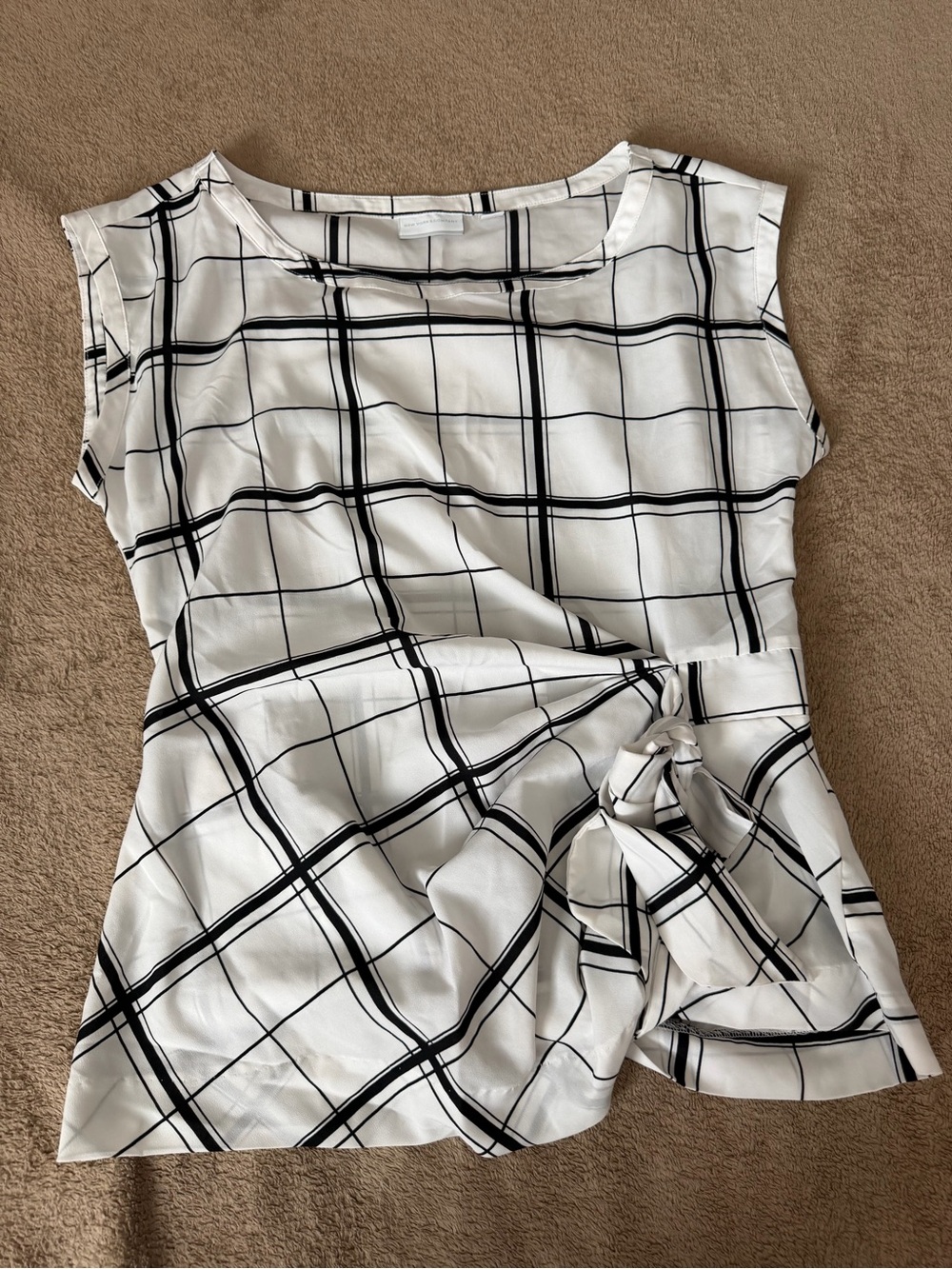 White and Black Windowpane Tie-Front Top
